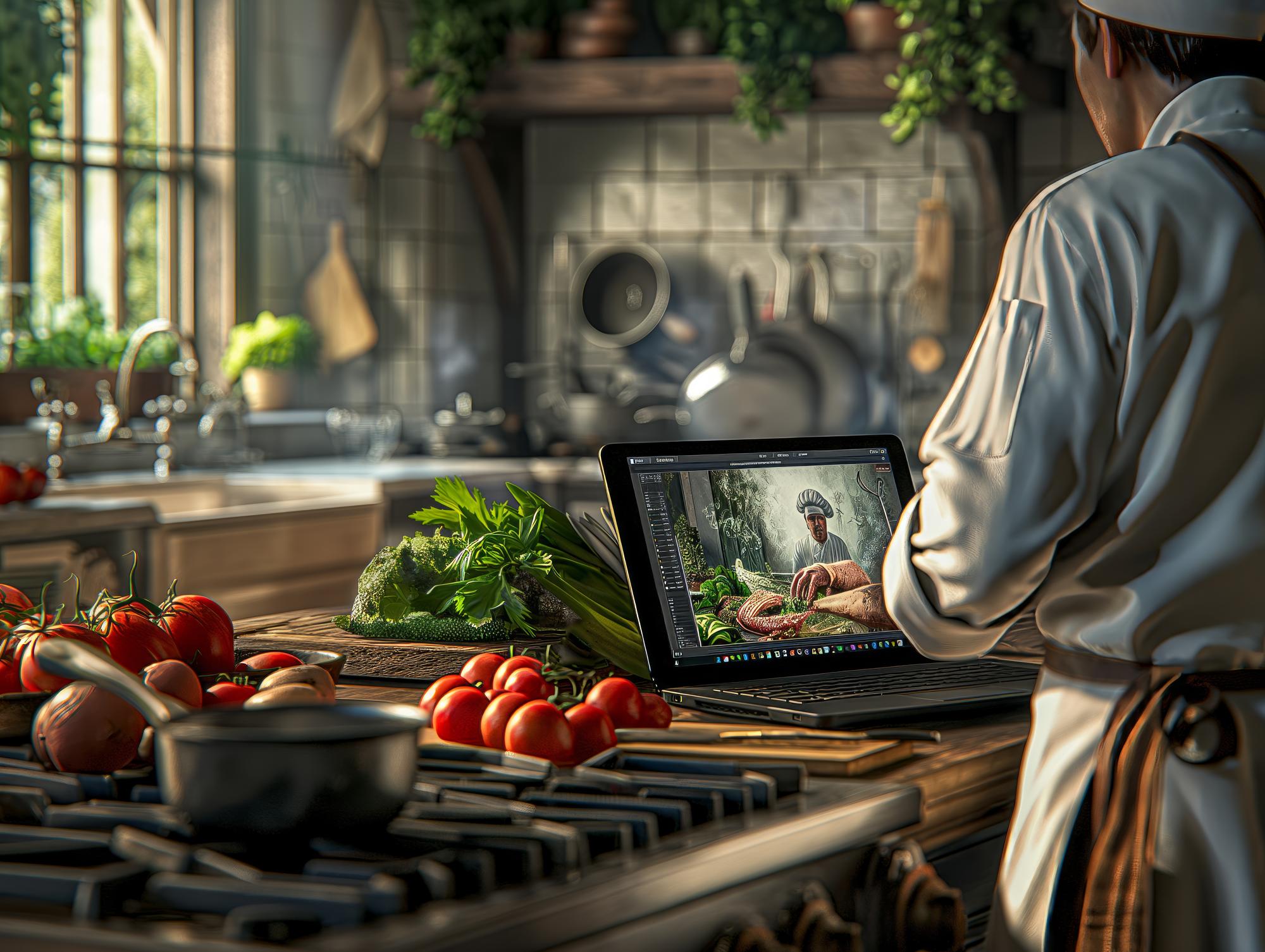 Online masterclass studio with chef on screen